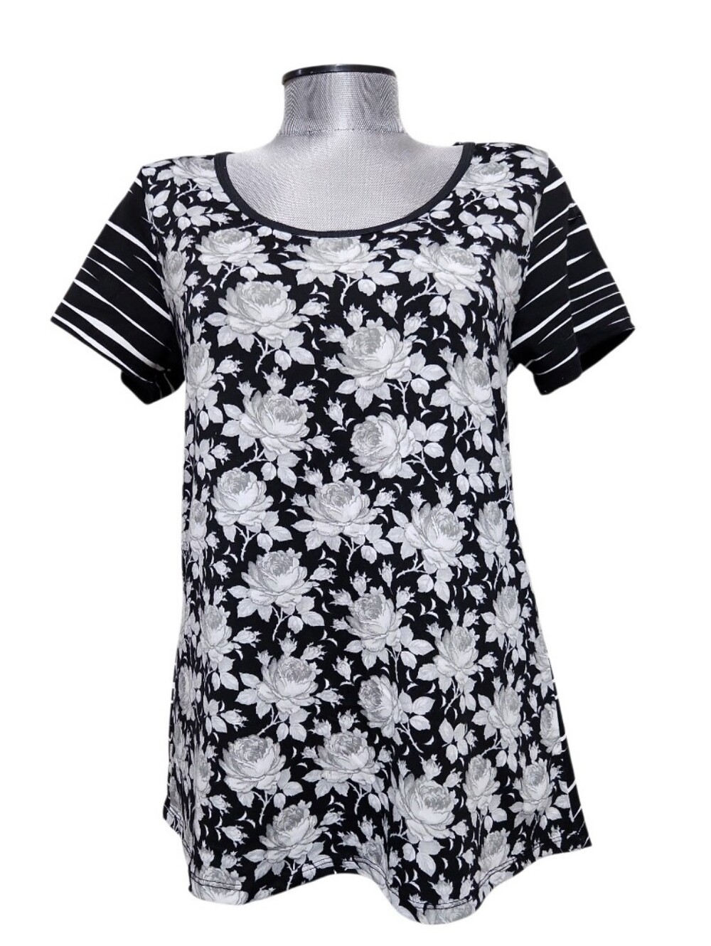 LuLaRoe Classic T Black, White & Grey  Floral/Striped Print (S)